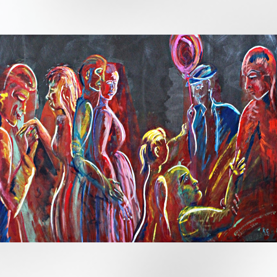 Colorful abstract painting of people with a child holding a balloon.