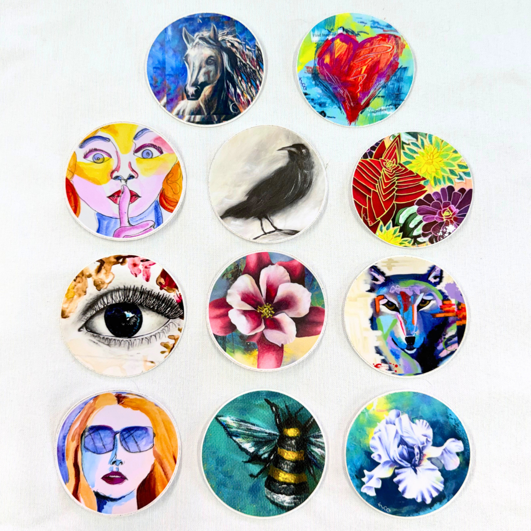 colorful assorted 2.5" circular stickers featuring artwork of animals, florals, and figures.
