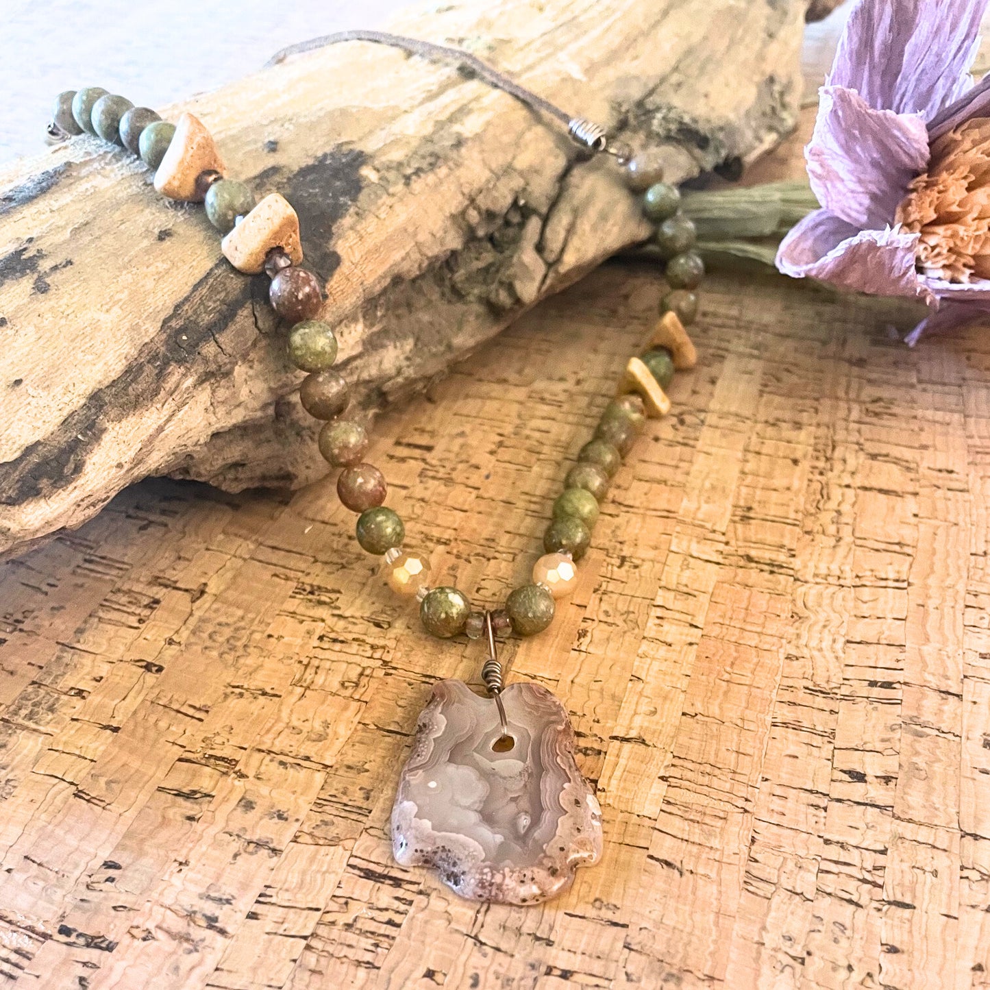 Unakite Beaded Necklace with Pink Agate Pendant