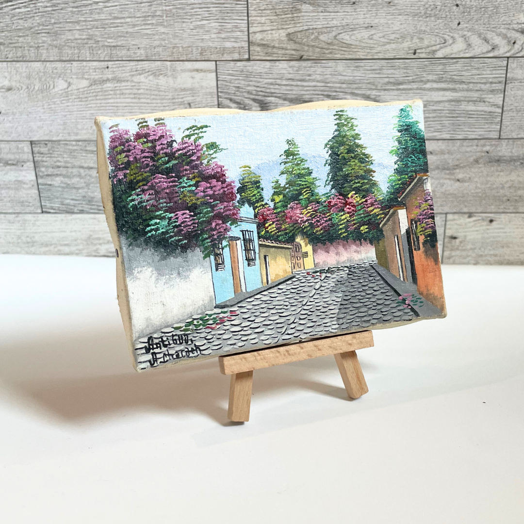 Guatemalan Original Mini Painting: Down a Cobblestone Street