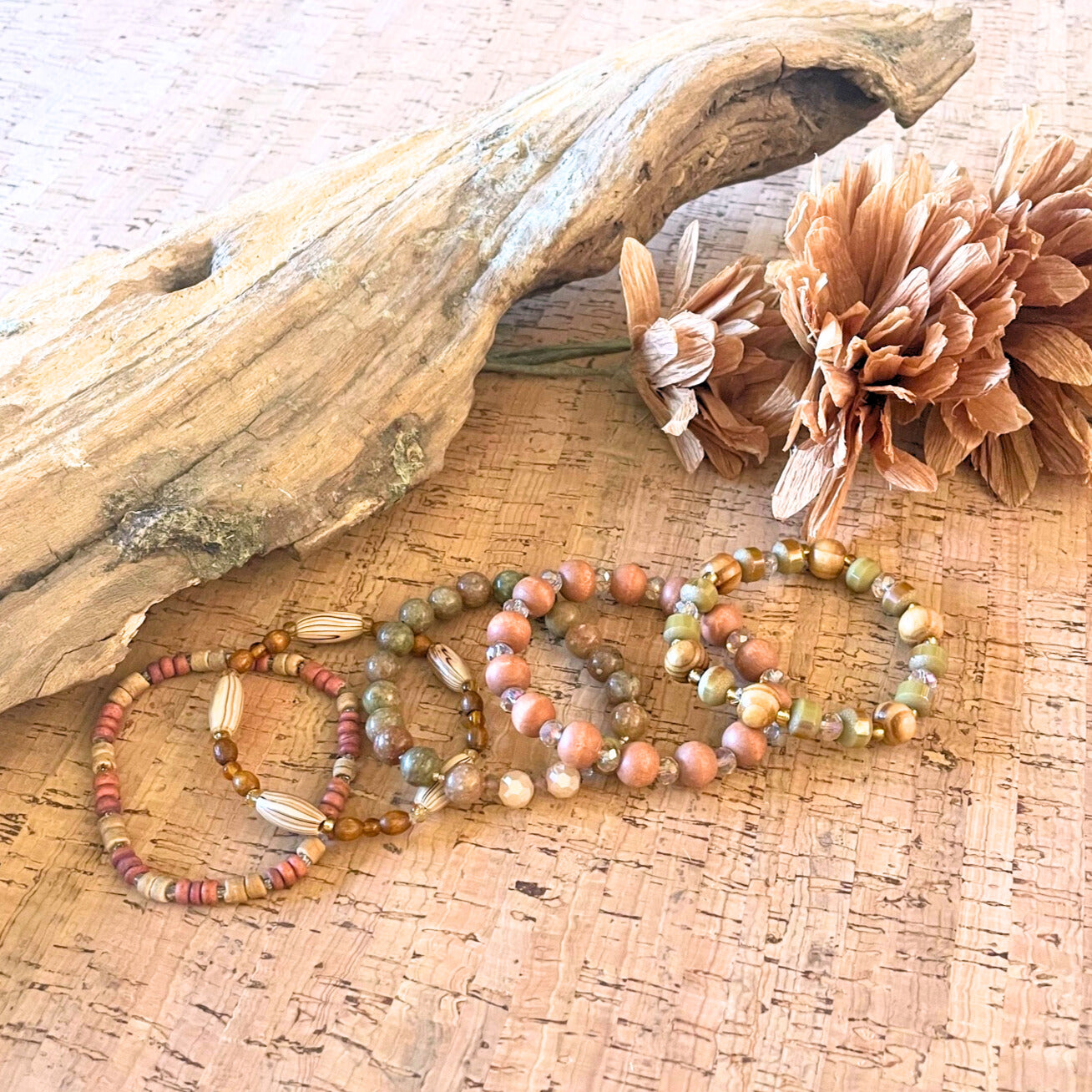 Wooden Bead and Sparkly Rhinestone Stretchy Bracelet