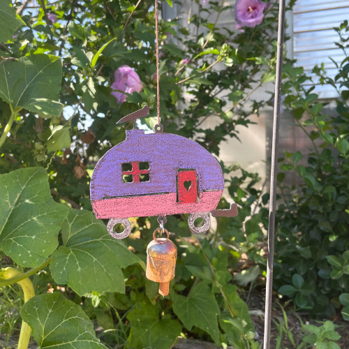 Happy Camper, Hanging Painted Metal Ornament with Small Bell