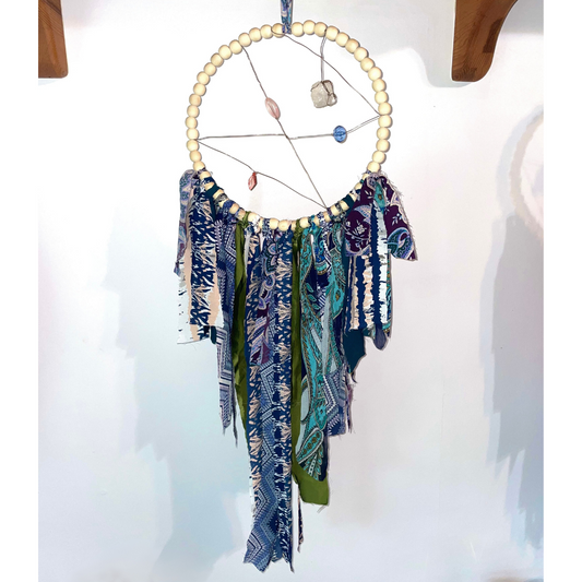 Boho Suncatcher Dreamcatcher: Wooden Bead Hoop, Copper Wire with Quartz Rock & Gemstones, Blues, Purples, Greens