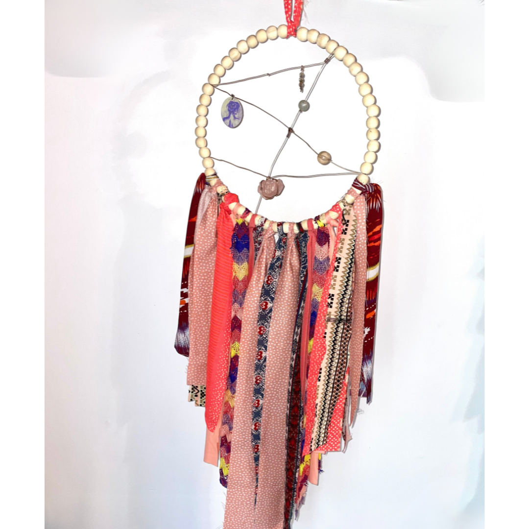 Handmade Fabric Dreamcatcher: Rose Quartz, Beaded Wooden Hoop, Recycled Fabric Scraps,