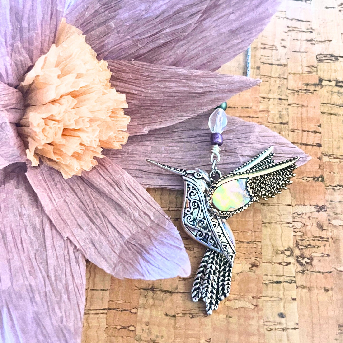 Silver Hummingbird Necklace with Abalone Shell