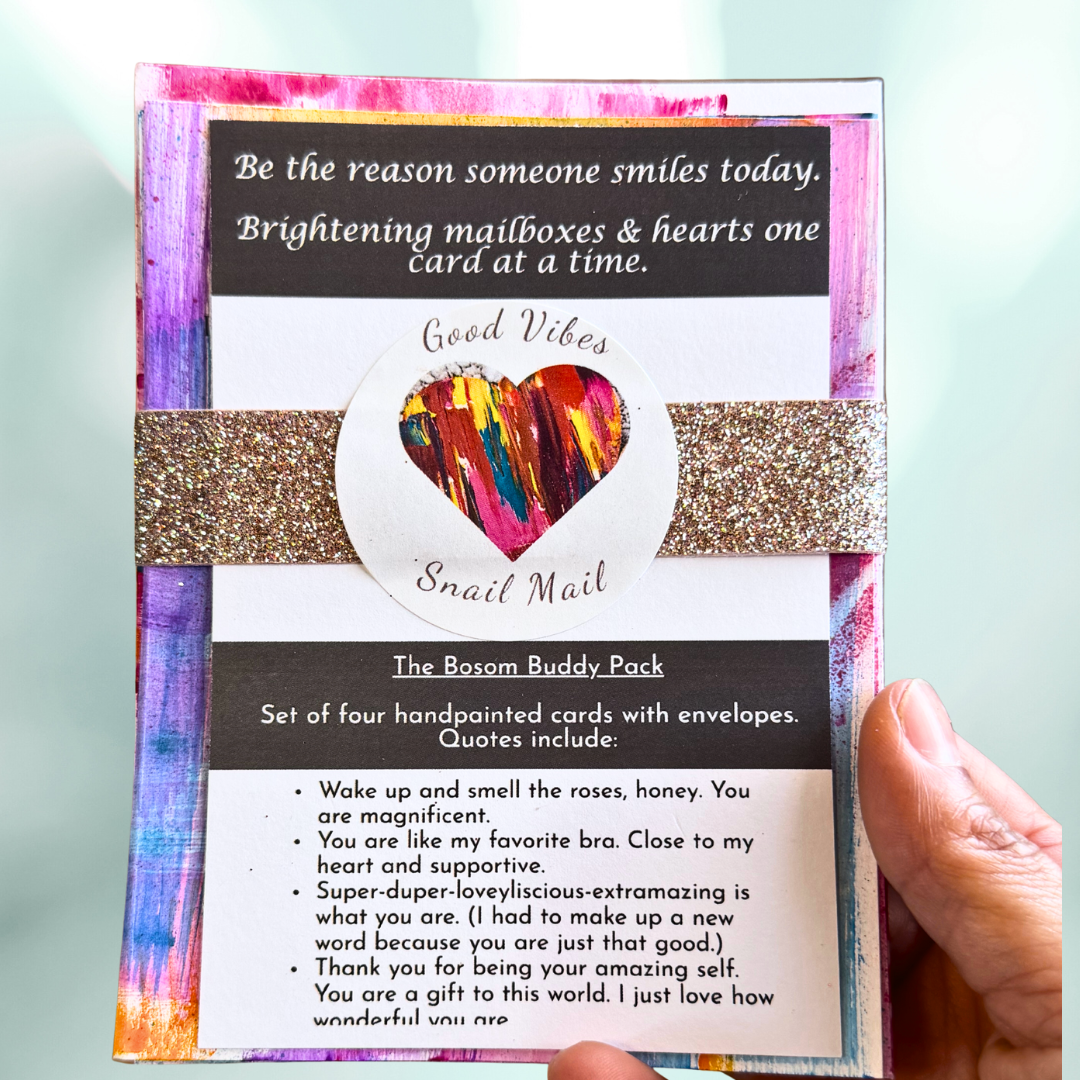 Good Vibes Snail Mail “Bosom Buddy Pack” featuring four handpainted friendship cards with playful, heartfelt quotes, wrapped with a glitter band and heart sticker, designed for meaningful handwritten notes and creative connection.
