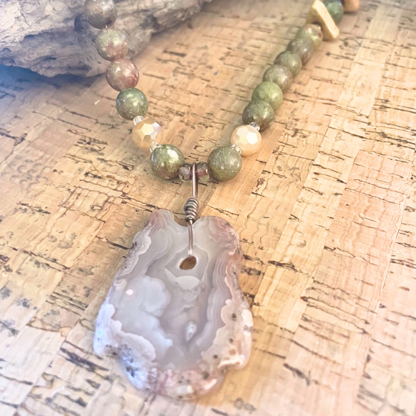 Unakite Beaded Necklace with Pink Agate Pendant