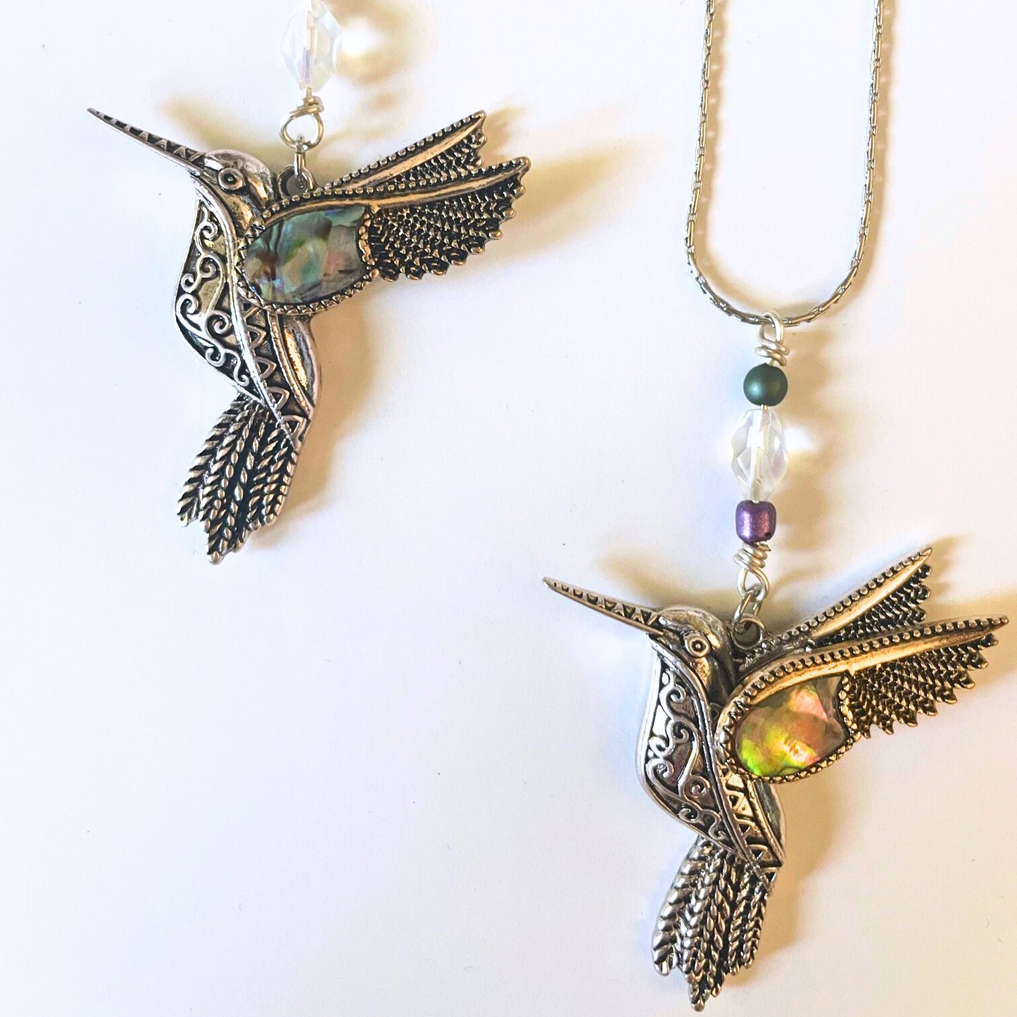 Silver Hummingbird Necklace with Abalone Shell