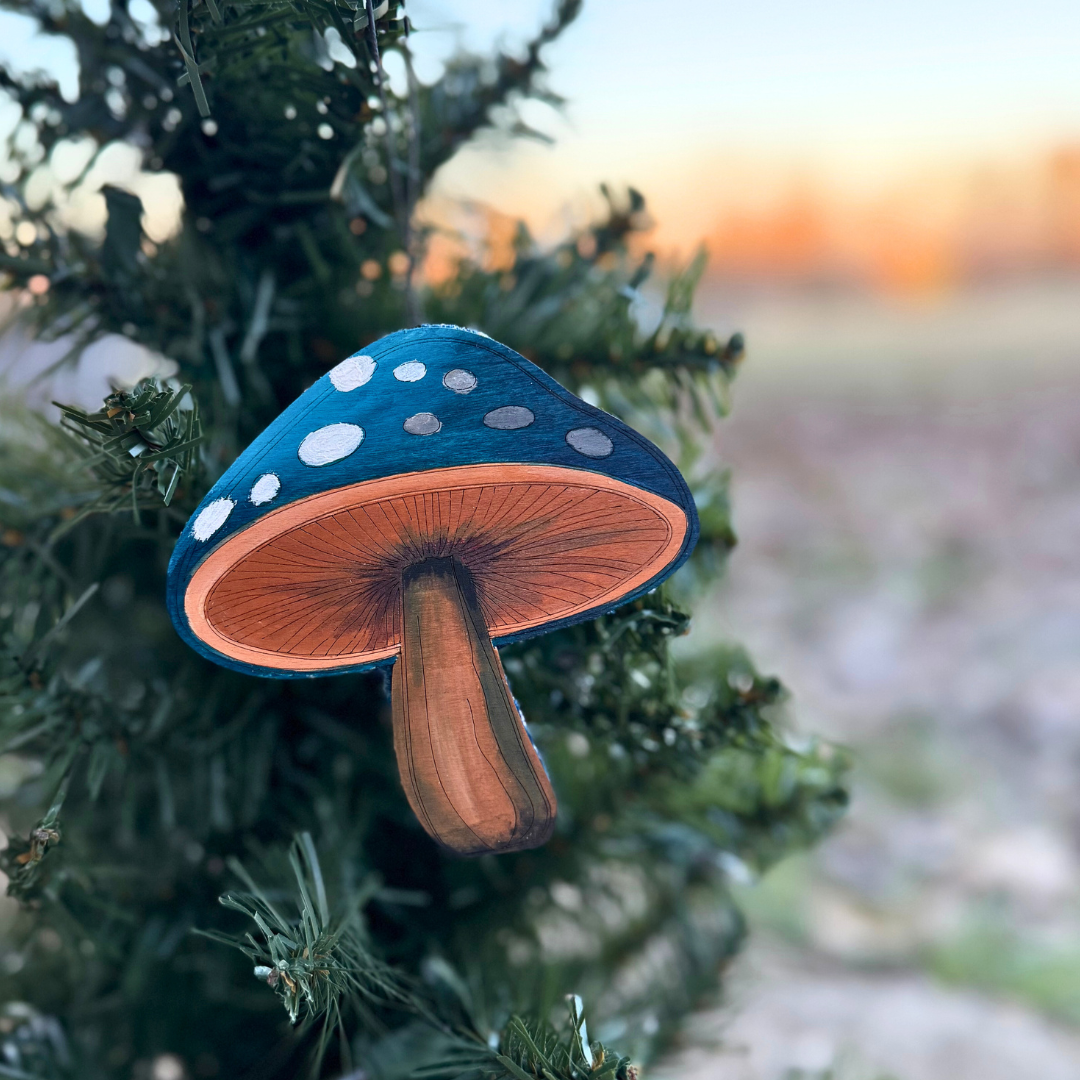Wooden Handpainted Mushroom Ornaments- Blue