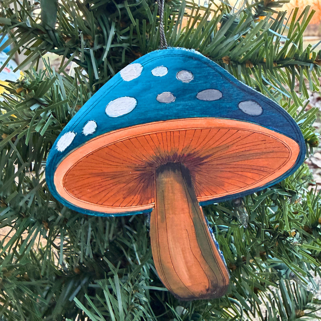 Wooden Handpainted Mushroom Ornaments- Blue
