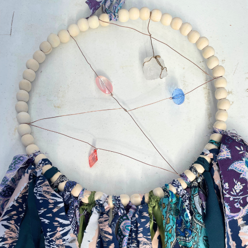 Boho Suncatcher Dreamcatcher: Wooden Bead Hoop, Copper Wire with Quartz Rock & Gemstones, Blues, Purples, Greens