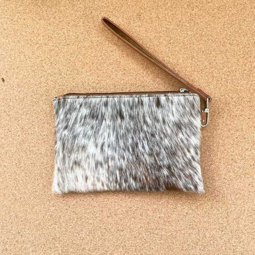 Brown and White Blend Fur Cowhide Wristlet Clutch with Tassle,