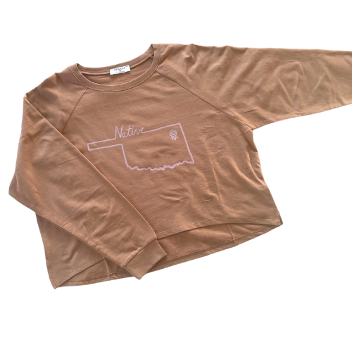 Native Tulsa Oklahoma French Terry Long Sleeve Tee Camel Color