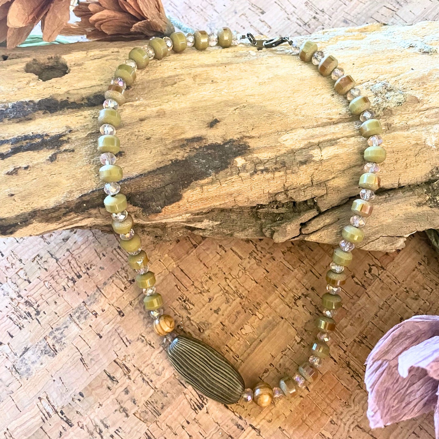 Earth Tone Wood and Rhinestone Beaded Necklace