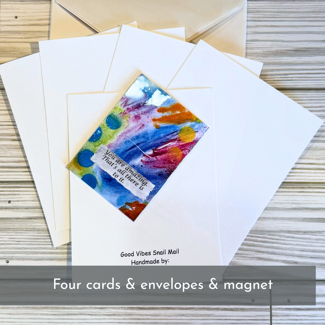 Four handmade snail mail cards with envelopes and magnet from the Good Vibes Snail Mail creative art kit, designed for thoughtful gifting and meaningful connection