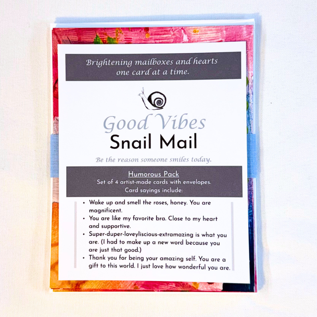 Good Vibes Snail Mail- Set of Four Artist Painted Cards, Humorous Pack