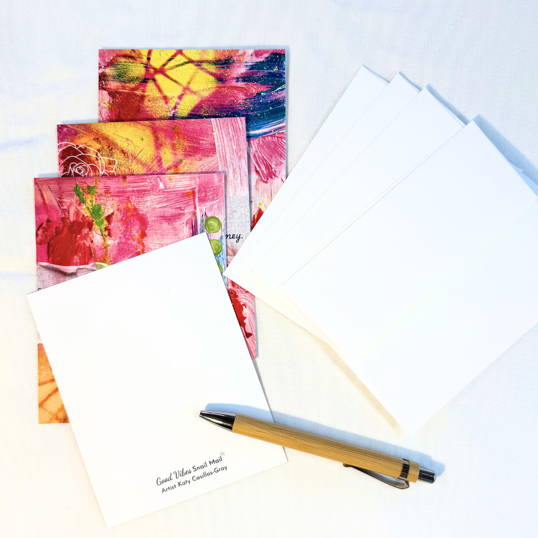 Good Vibes Snail Mail- Set of Four Artist Painted Cards, Humorous Pack