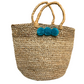 Natural Jute Tote Bag with Blue Pom Accents – 13" H x 16" W