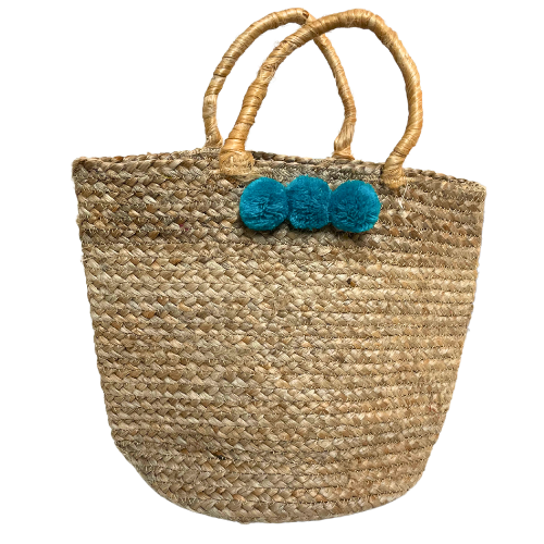 Natural Jute Tote Bag with Blue Pom Accents – 13" H x 16" W