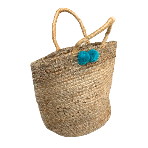 Natural Jute Tote Bag with Blue Pom Accents – 13" H x 16" W