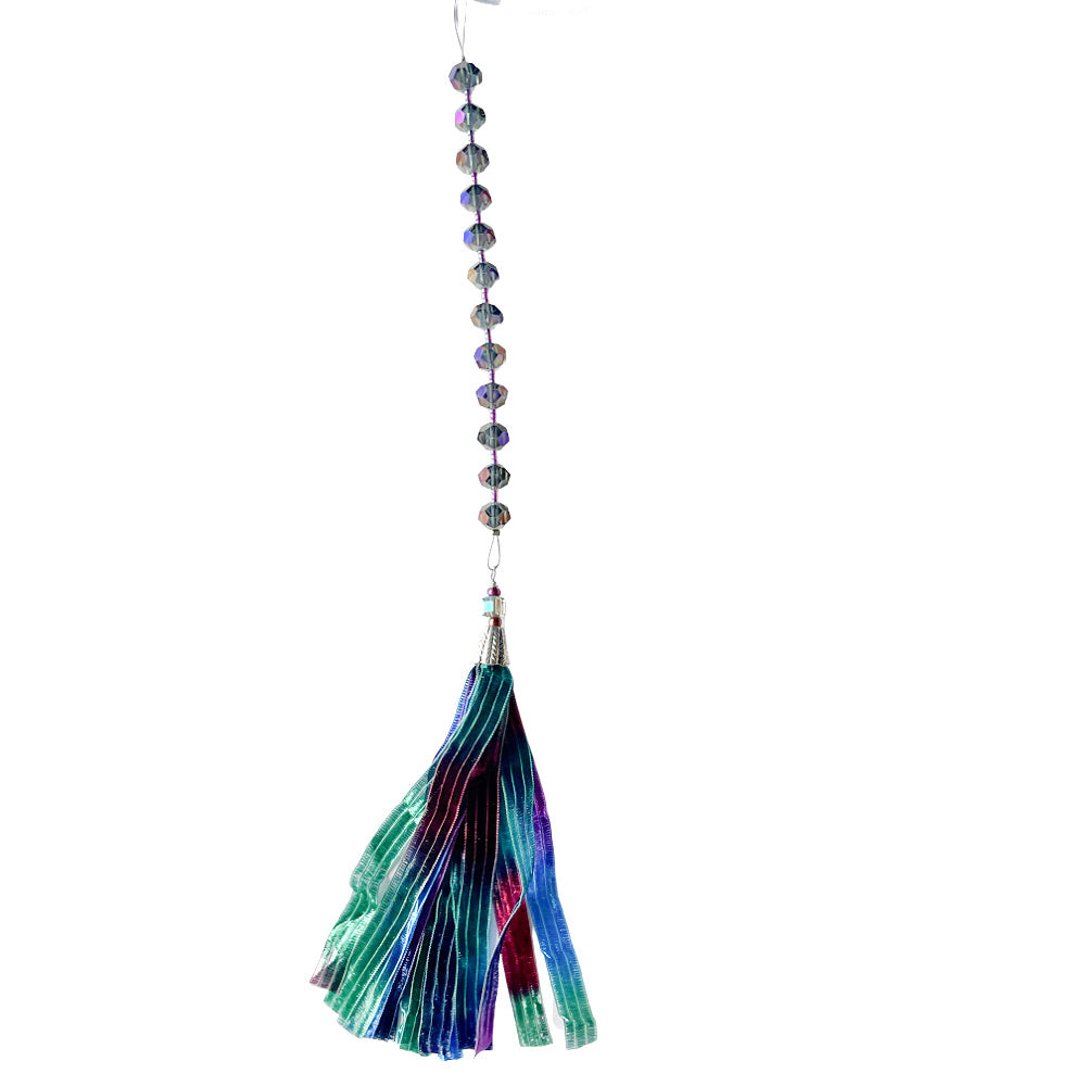 Mystic Breeze: Beaded Tassel Window Hanging in Blue, Green, and Purple