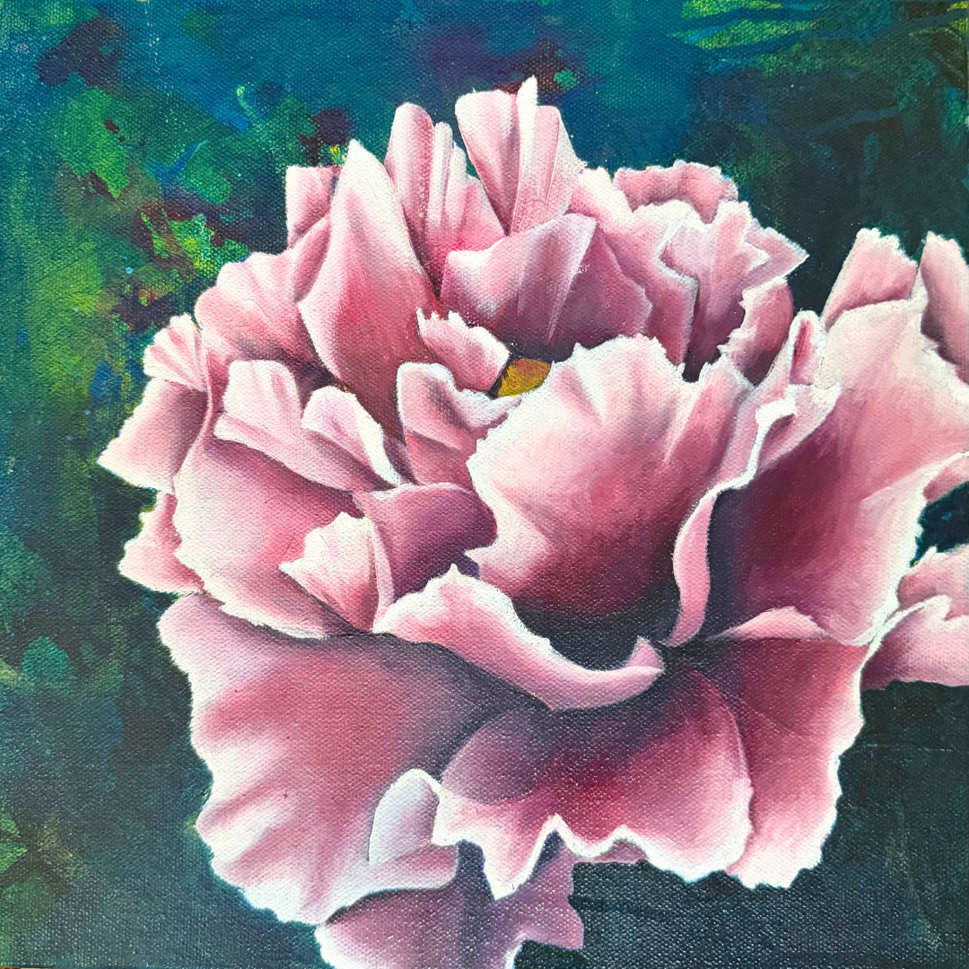 "Gratitude & Good Fortune" | Original Peony Floral Art, 8"x8"