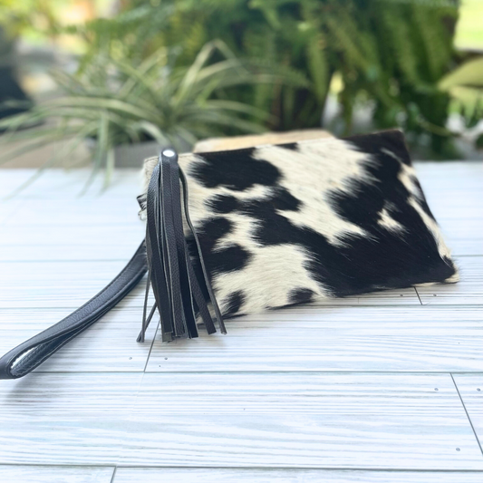 Black and White Cowhide Wristlet Clutch with Leather Tassle