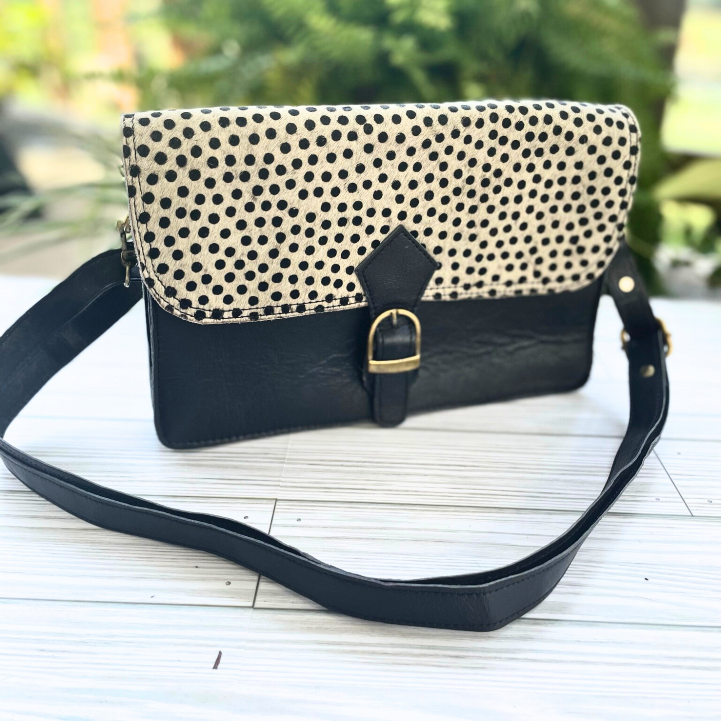 Black Leather Crossbody with Polka Dot Fur Foldover, Buckle Closure, Interchangeable Strap