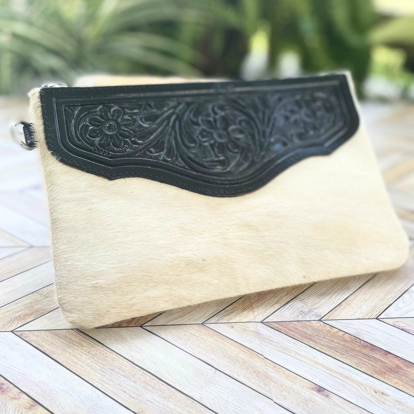 White Cowhide Zipper Clutch with Black Leather Accent, Tooled Design