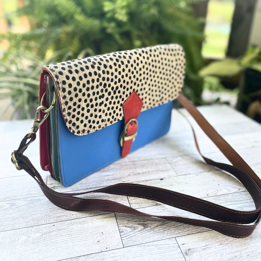 Blue Leather Purse with Polka Dot Fur Foldover and Red Buckle