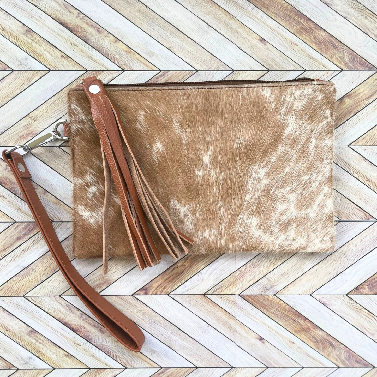 Brown and White Fur Cowhide Wristlet Clutch with Tassle