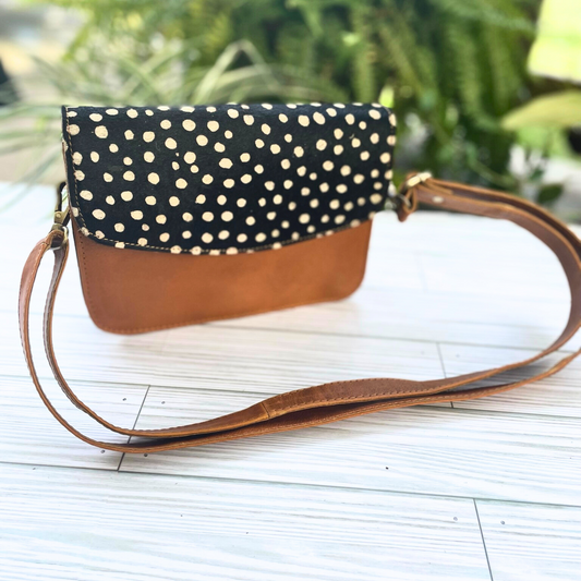 Brown Genuine Leather Crossbody with Black and White Polka Dot Fur Foldover, Snap Closure and Interchangeable Strap