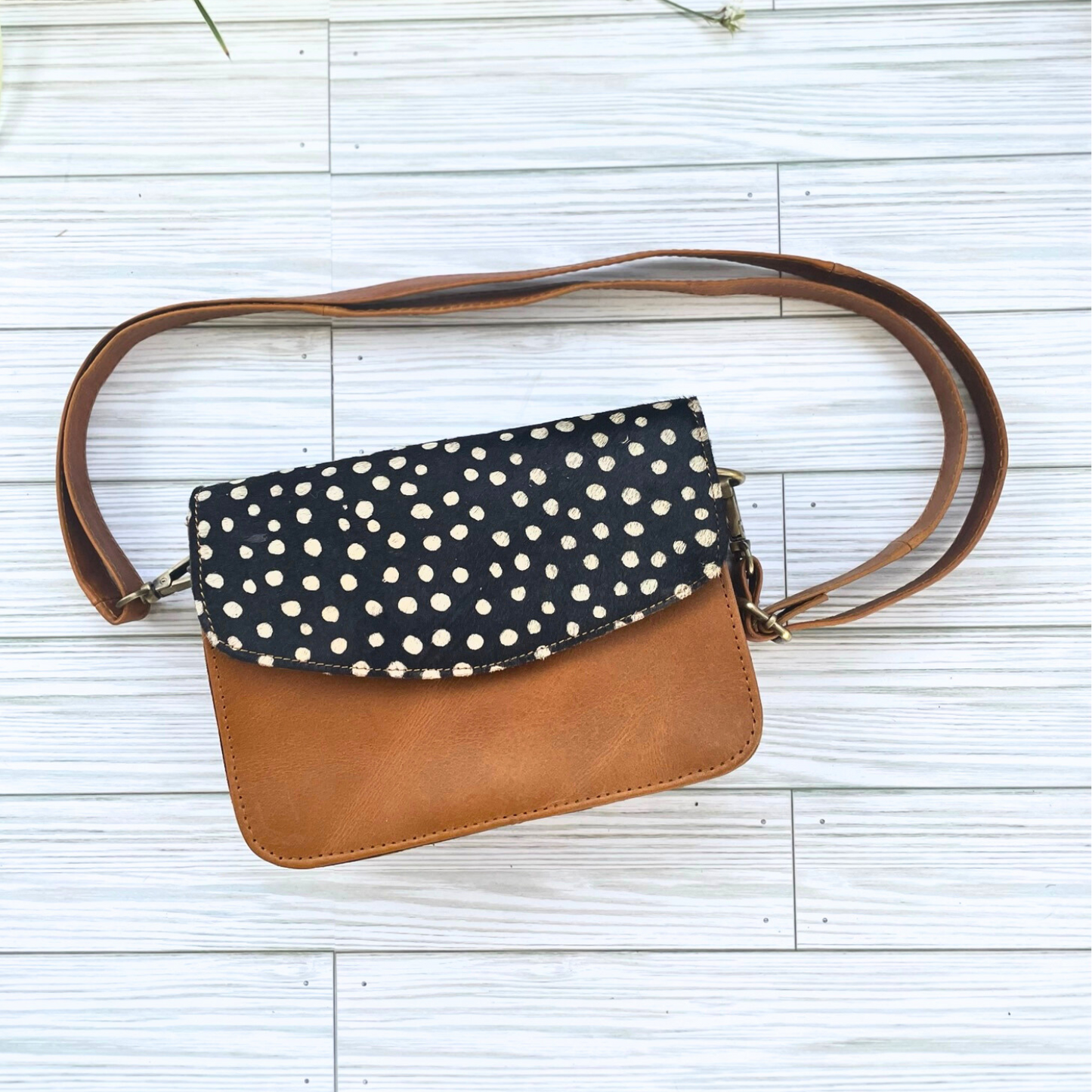 Brown Genuine Leather Crossbody with Black and White Polka Dot Fur Foldover, Snap Closure and Interchangeable Strap