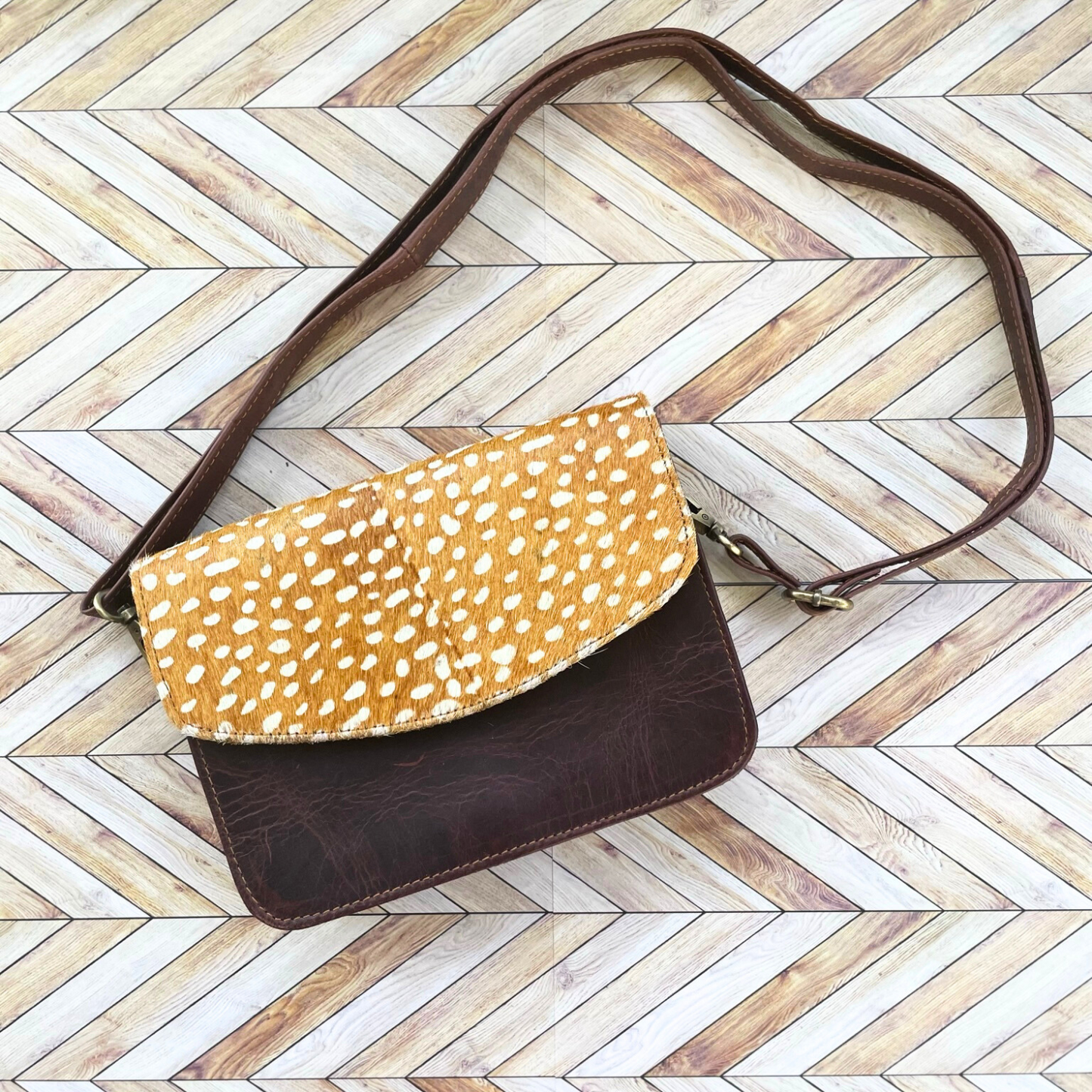 Dark Brown Leather Crossbody with Yellow & White Polka Dot Fur Foldover, Snap Closure and Interchangeable Strap