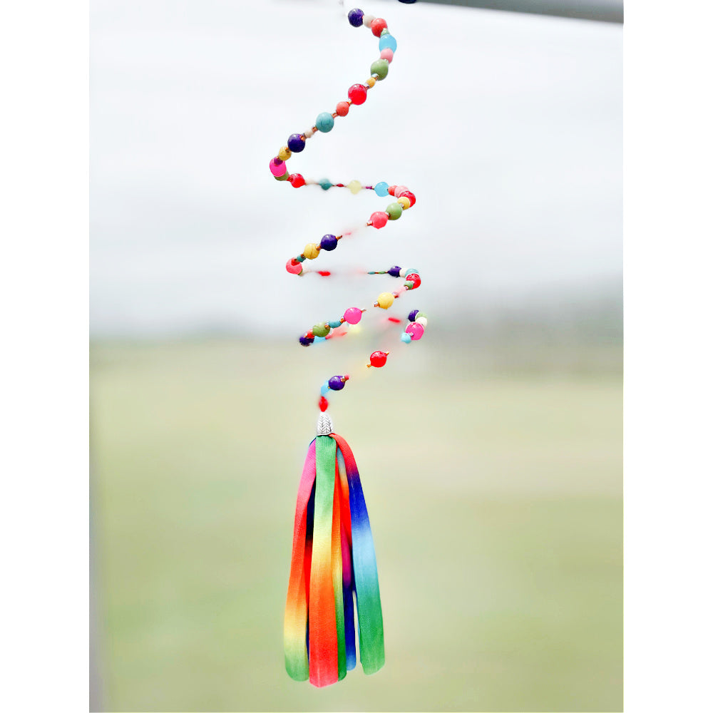 Rainbow Delight: Beaded Slinky Window Decor with Colorful Tassel