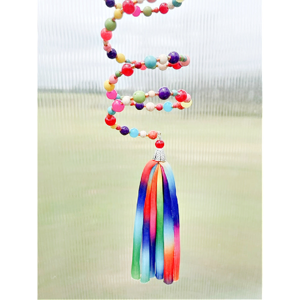 Rainbow Delight: Beaded Slinky Window Decor with Colorful Tassel