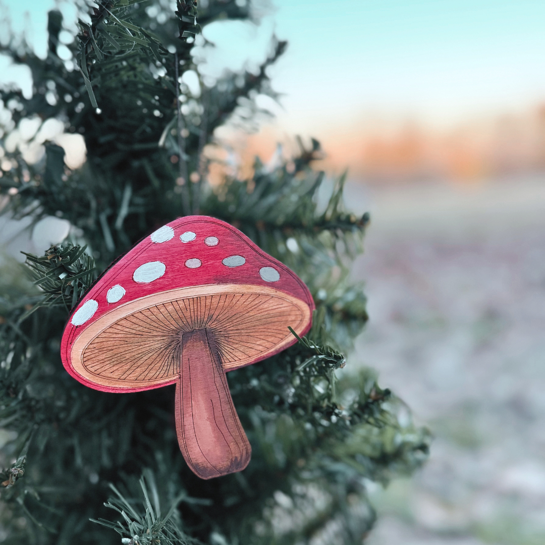 Wooden Handpainted Mushroom Ornaments- Red