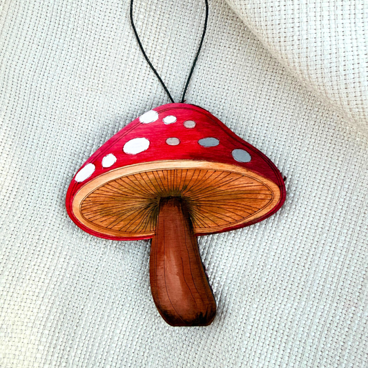 Wooden Handpainted Mushroom Ornaments- Red