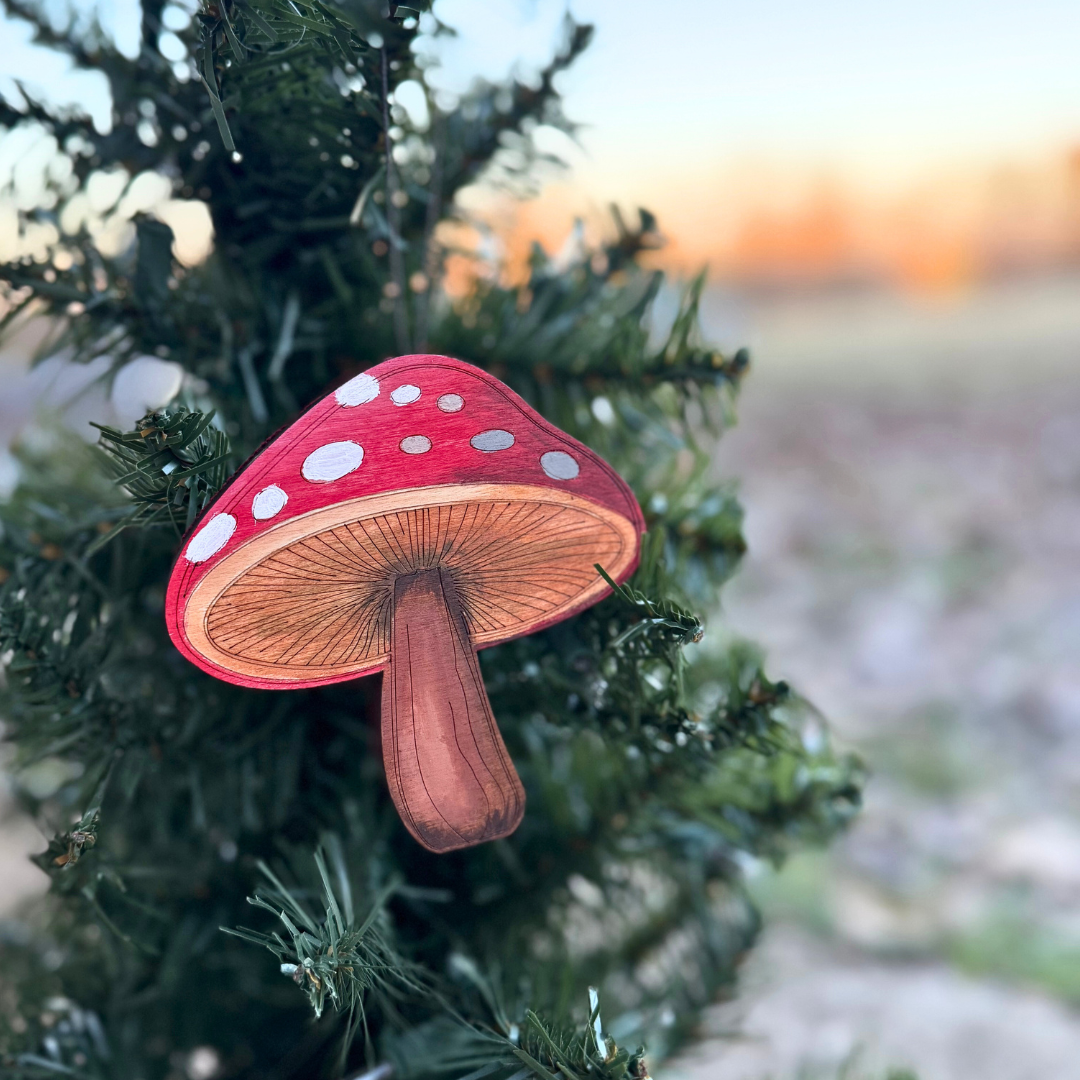 Wooden Handpainted Mushroom Ornaments- Red