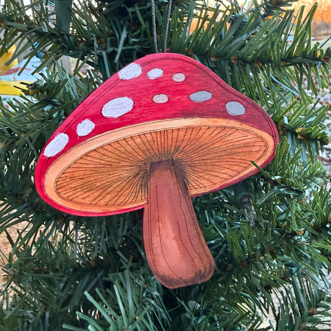 Wooden Handpainted Mushroom Ornaments- Red