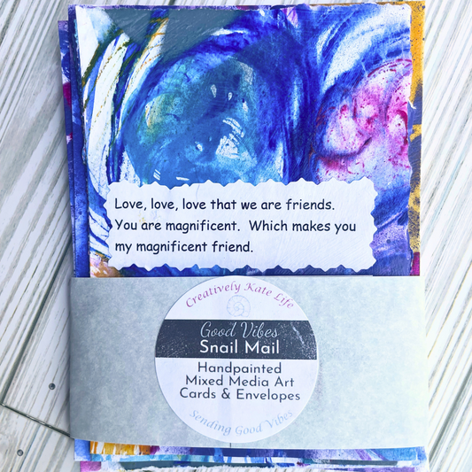 Good Vibes Snail Mail- Set of 4 Handpainted Cards with Envelopes, B