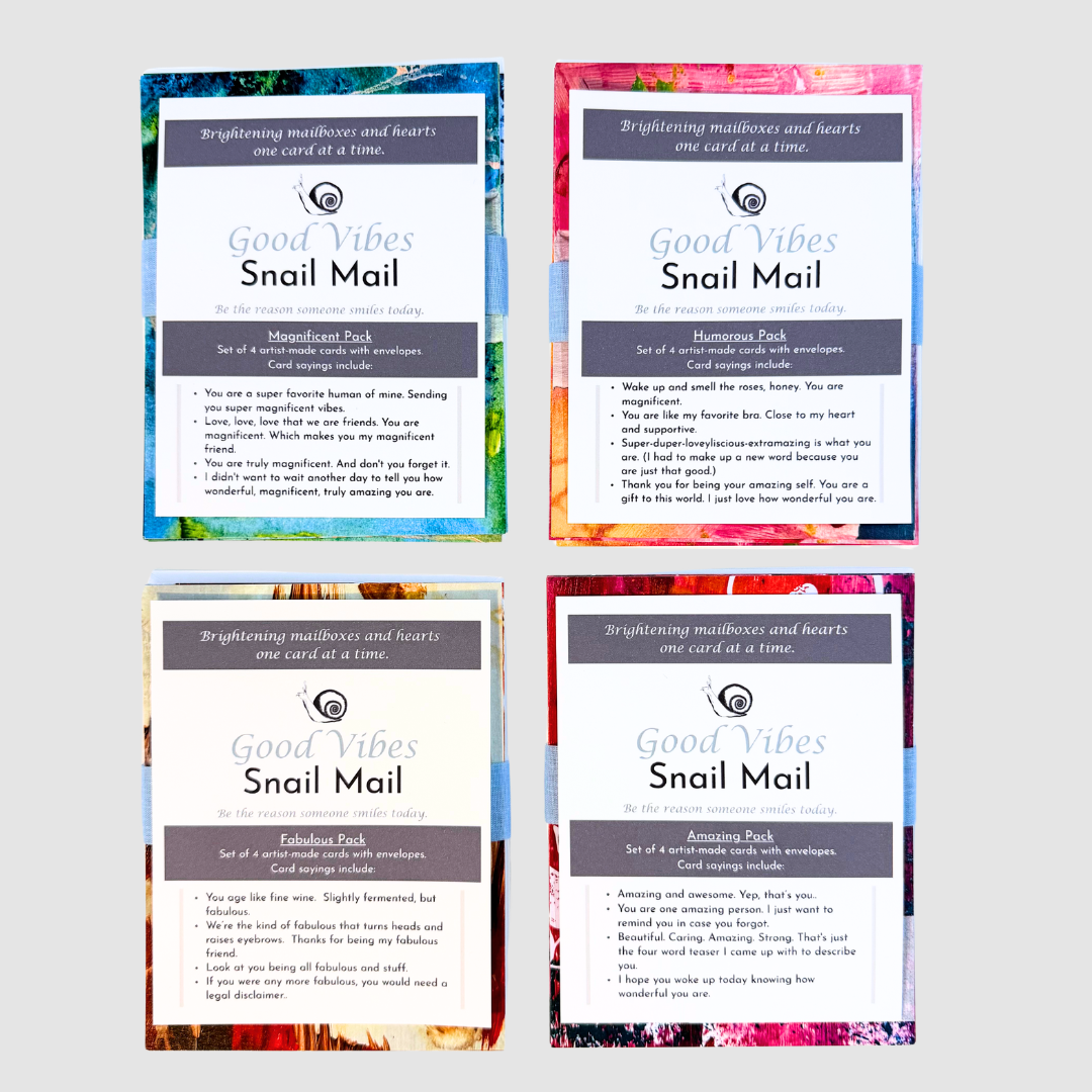 Good Vibes Snail Mail- Set of Four Artist Painted Cards, Fabulous Pack