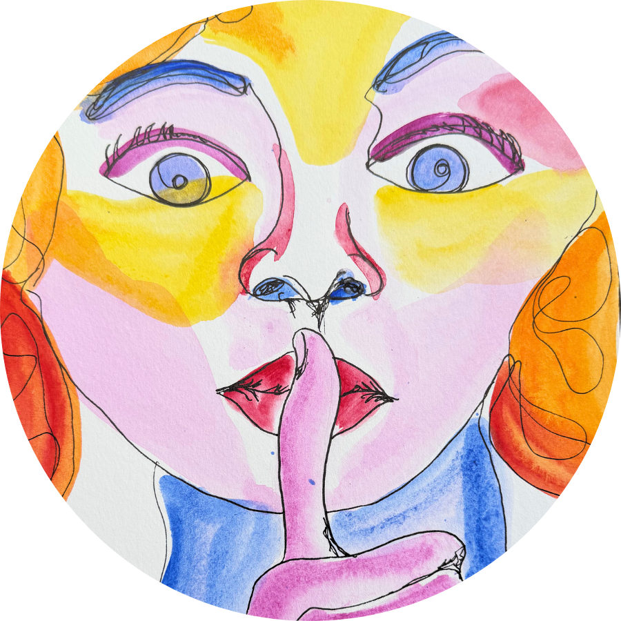 Colorful 2.5-inch die-cut art sticker featuring a woman's face with blue eyes, bright watercolor accents, and a finger to her lips in a playful shushing gesture.