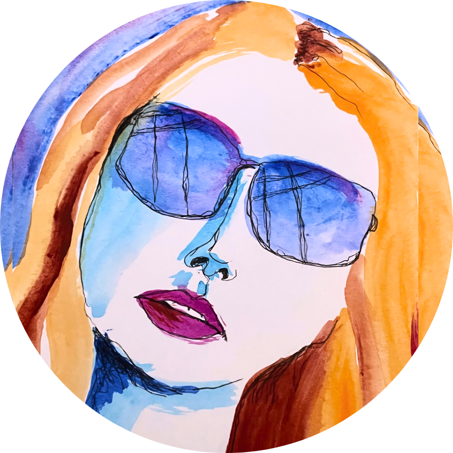 Colorful 2.5-inch die-cut sticker featuring an artistic illustration of a woman with oversized blue sunglasses, orange hair, and bold pink lips in a playful watercolor style.
