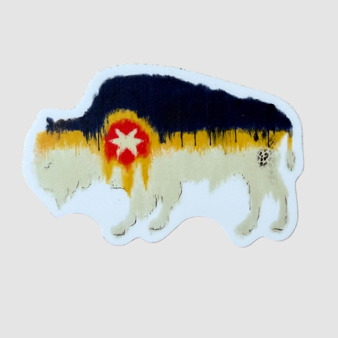 Tulsa Oklahoma flag buffalo sticker featuring colorful Tulsa flag artwork on a die-cut American bison silhouette.