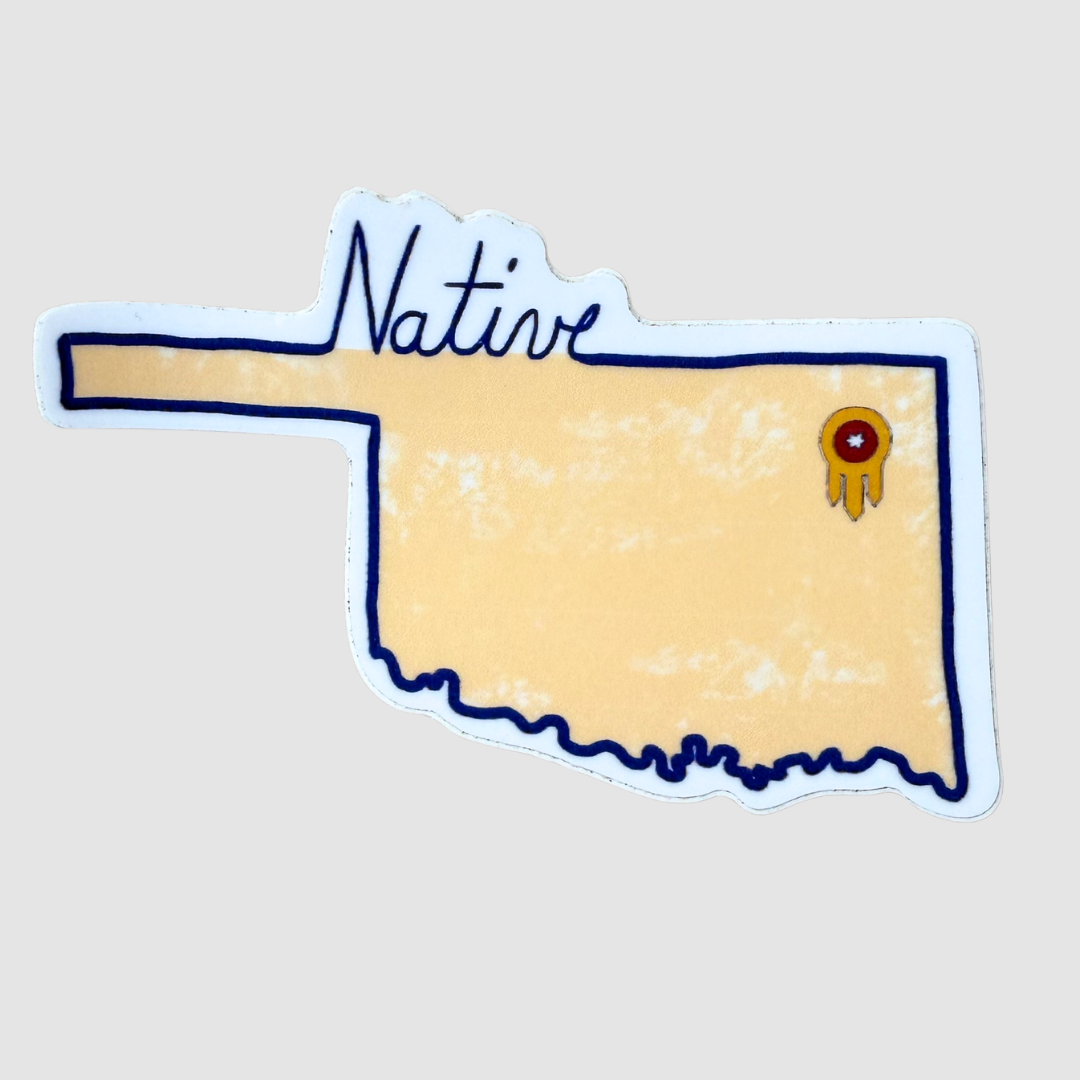 Tulsa Native Oklahoma die-cut sticker with yellow Oklahoma state outline, handwritten Native lettering, and a star marking Tulsa.