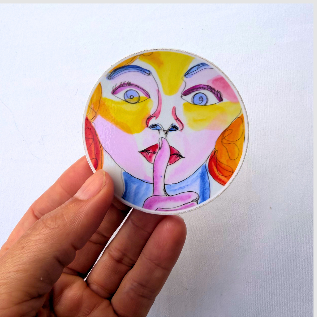 Shhh! Colorful Female Face Illustration | Artist-Designed Vinyl 2.5" Round Sticker