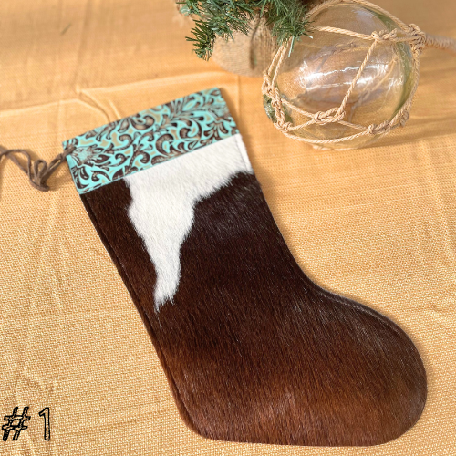 Cowhide Stocking with Teal Leather Tooling