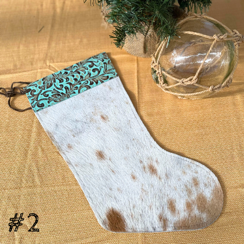 Cowhide Stocking with Teal Leather Tooling