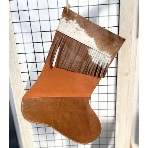 Brown Leather and Cowhide Christmas Stocking with Cowhide Fringe